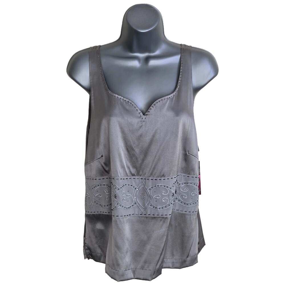 Thalia Sodi Silver Gray Silk Sleeveless Top with Sequins and Embroidery XL